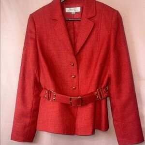 Tahari Red Textured Belted Blazer with Gold-Tone Hardware